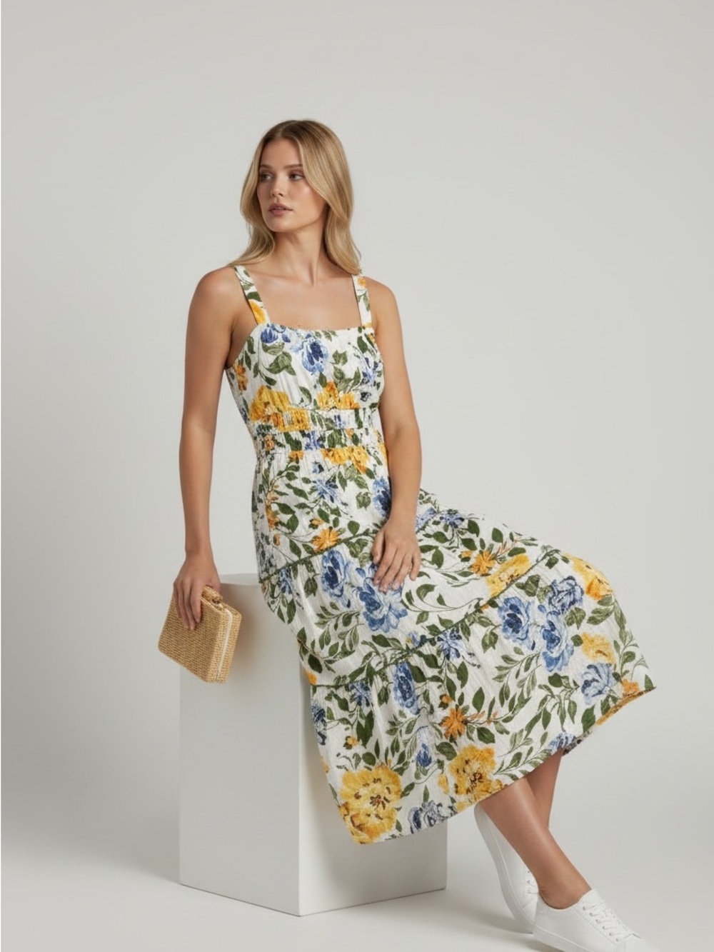 Lauren Conrad Floral Square-Neck Midi Dress in Yellow & Blue (L)